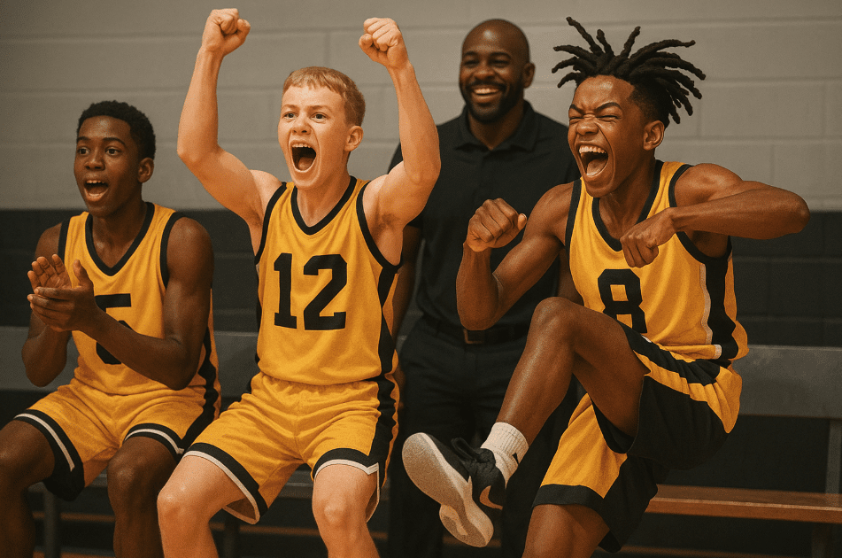 Youth basketball players celebrating enthusiastically from the bench during a game.